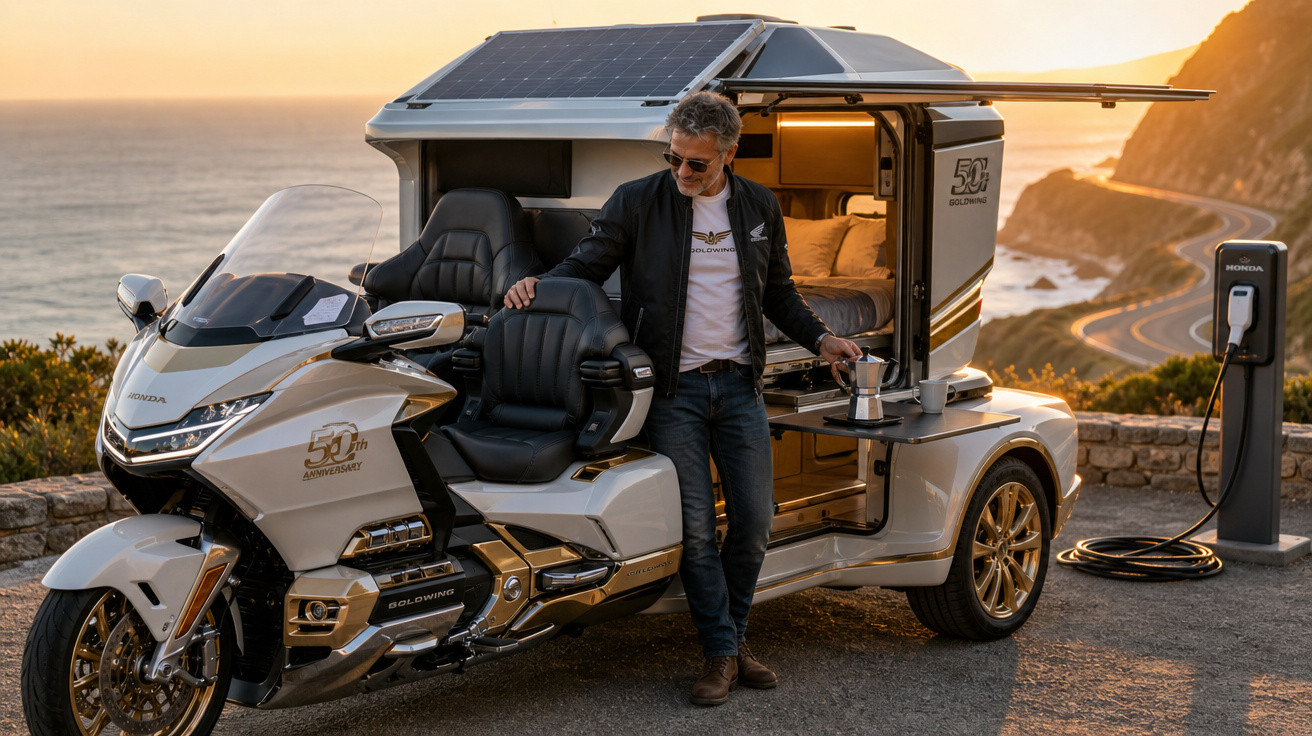 Homem ao lado de motocicleta elétrica Honda Goldwing com trailer e painel solar em paisagem costeira ao entardecer.