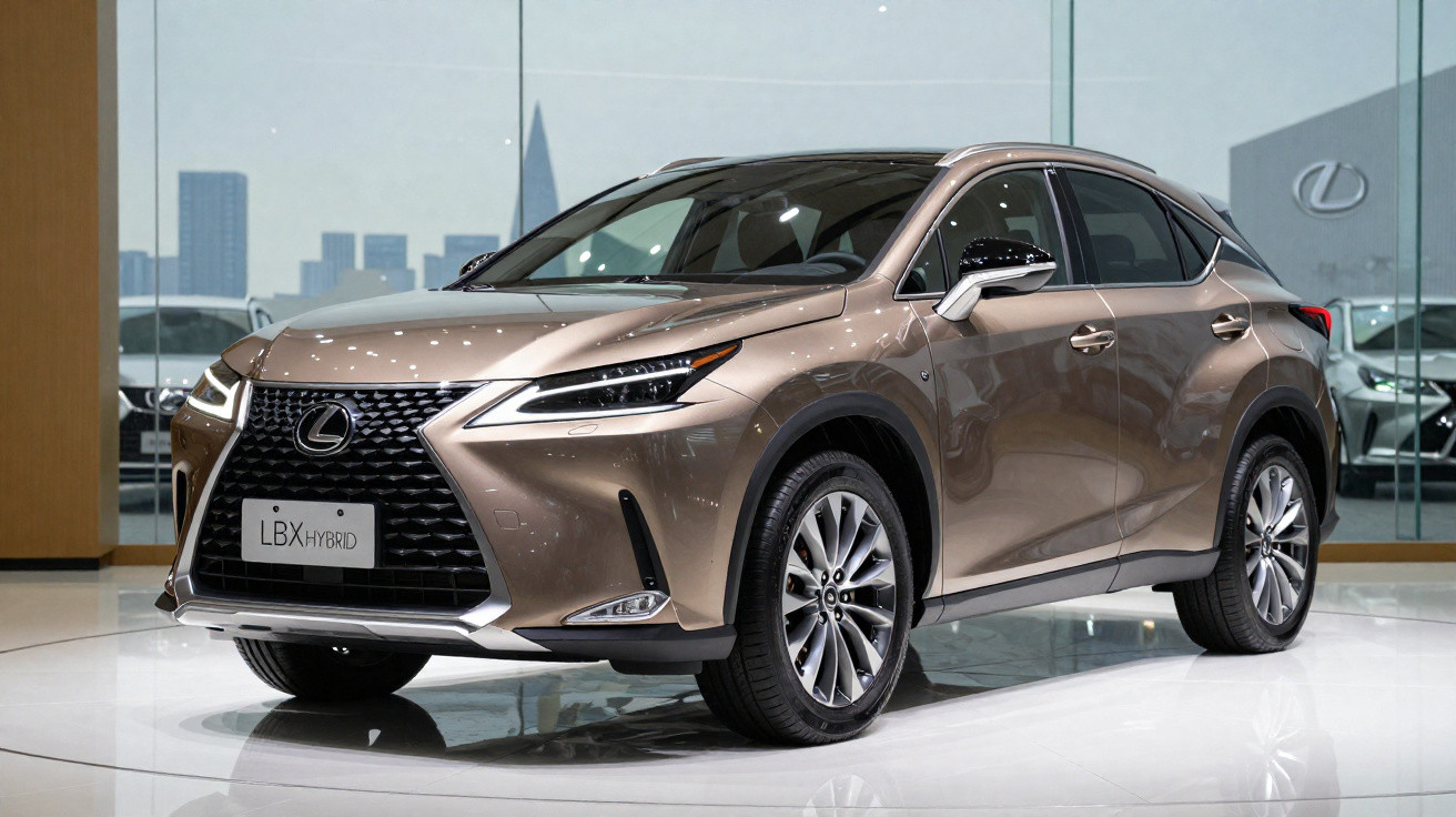 Carro híbrido Lexus LBX bronze exibido em salão automotivo com fundo de vidros espelhados.