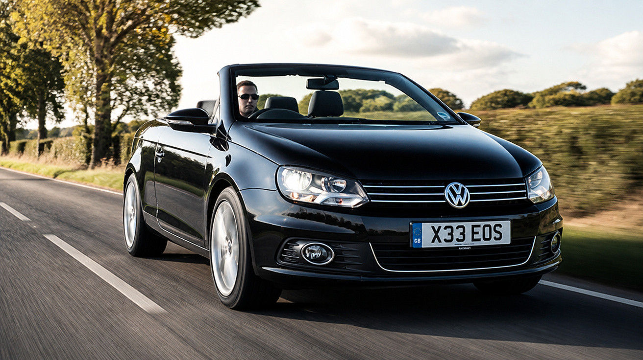Carro conversível preto Volkswagen em estrada com motorista usando óculos escuros.