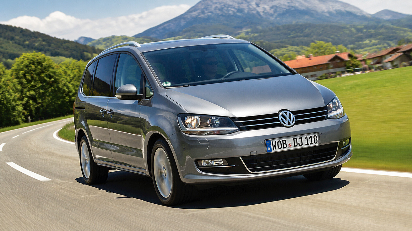 Carro Volkswagen prata em estrada sinuosa com montanhas e árvores ao fundo em dia ensolarado.