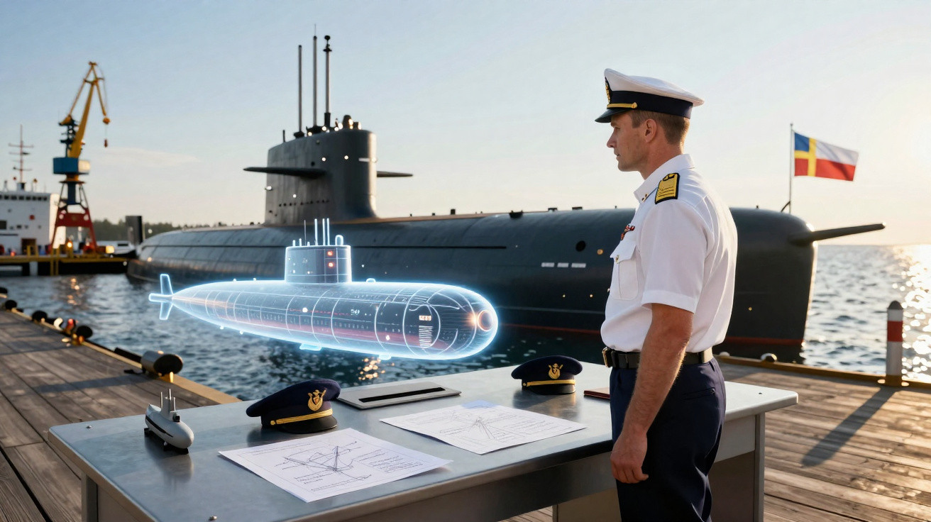 Oficial naval observa modelo holográfico de submarino em doca ao lado de submarino real.
