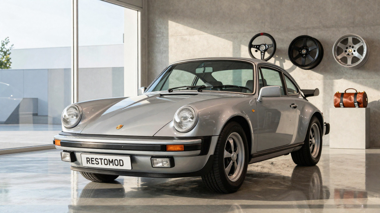 Carro esportivo clássico prata Porsche restaurado em exposição interna com rodas e volante na parede ao fundo.