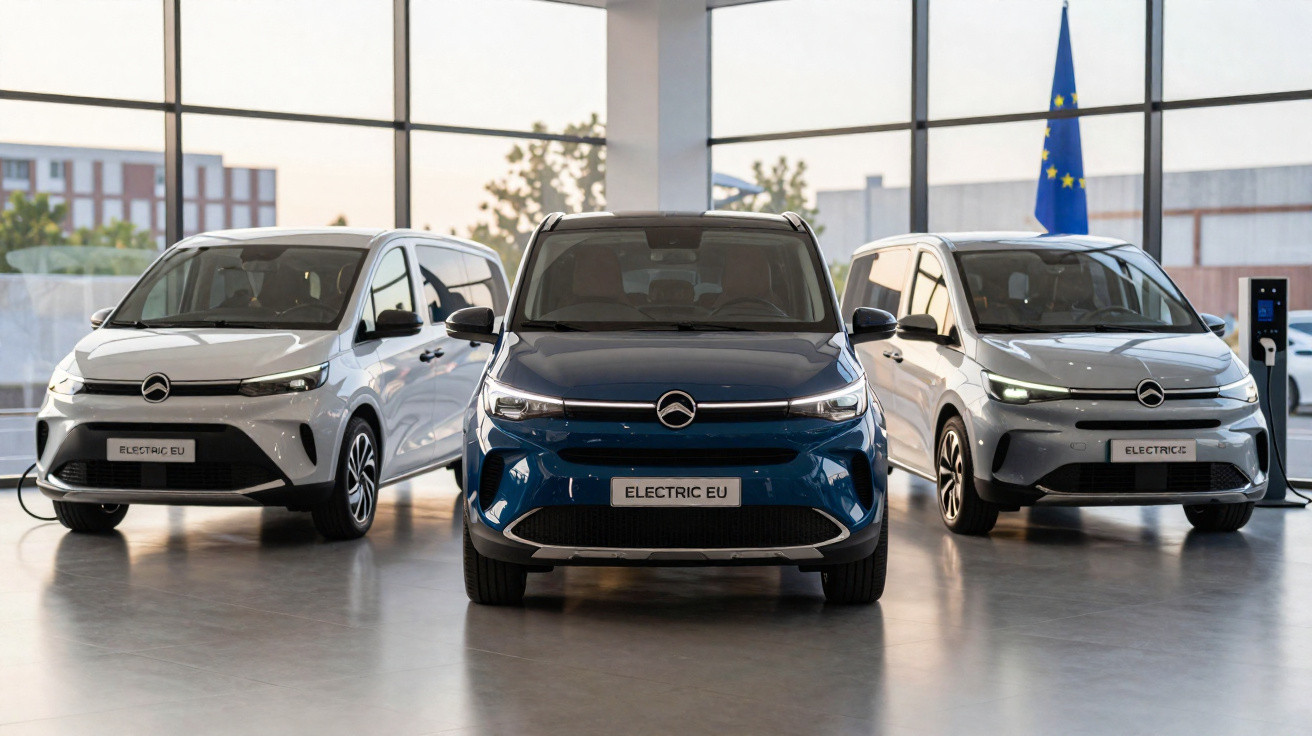 Três carros elétricos Mercedes-Benz Electric EQ em exposição, dois brancos e um azul, em ambiente interno.