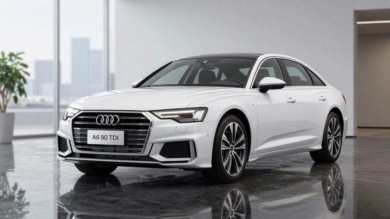 Carro Audi A6 90 TDI branco, sedan, em ambiente interno com piso refletivo e planta ao fundo.