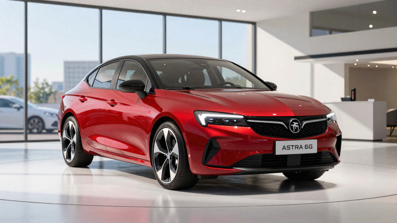 Carro sedan vermelho Fosca Astra 6G em destaque em showroom moderno com grandes janelas.