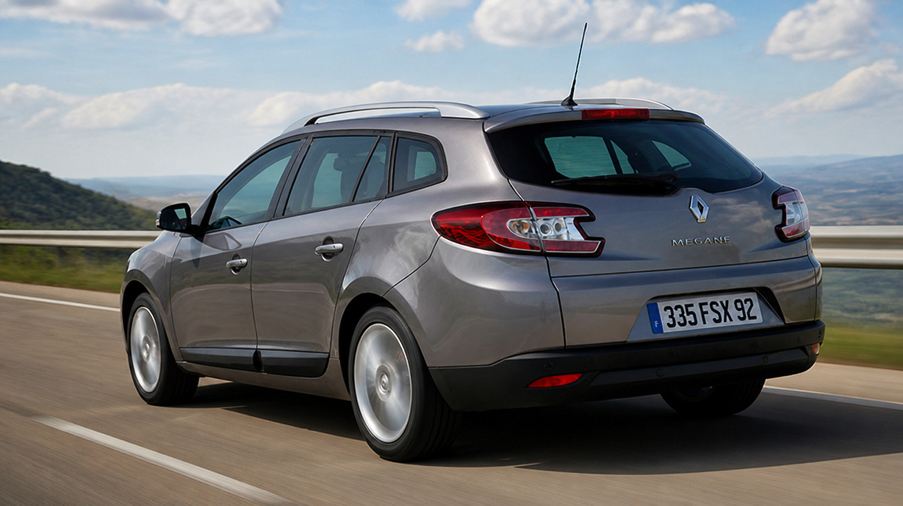 Carro Renault Megane prata em estrada com paisagem de montanhas ao fundo em dia ensolarado.