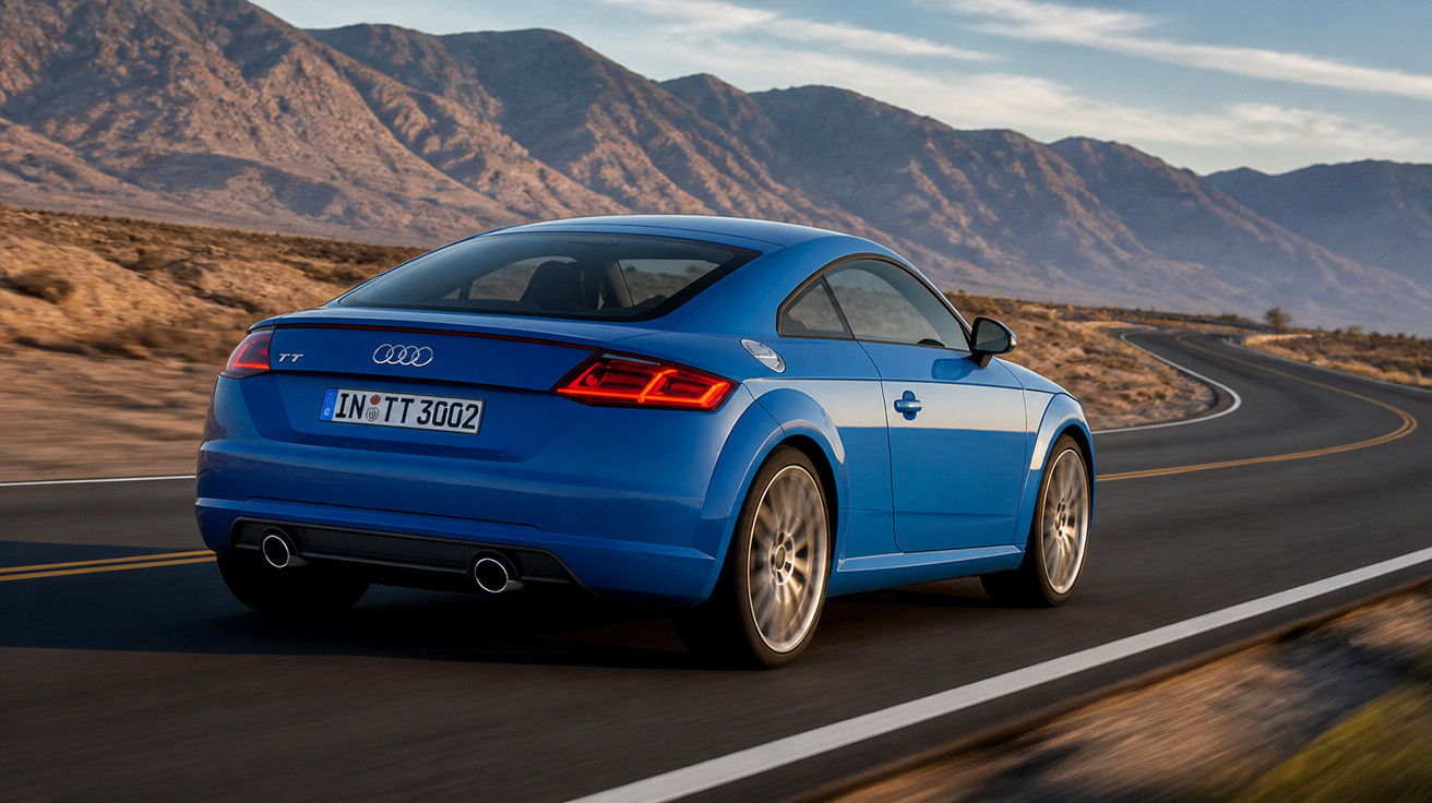 Carro esportivo Audi TT azul em estrada sinuosa com montanhas ao fundo ao pôr do sol.