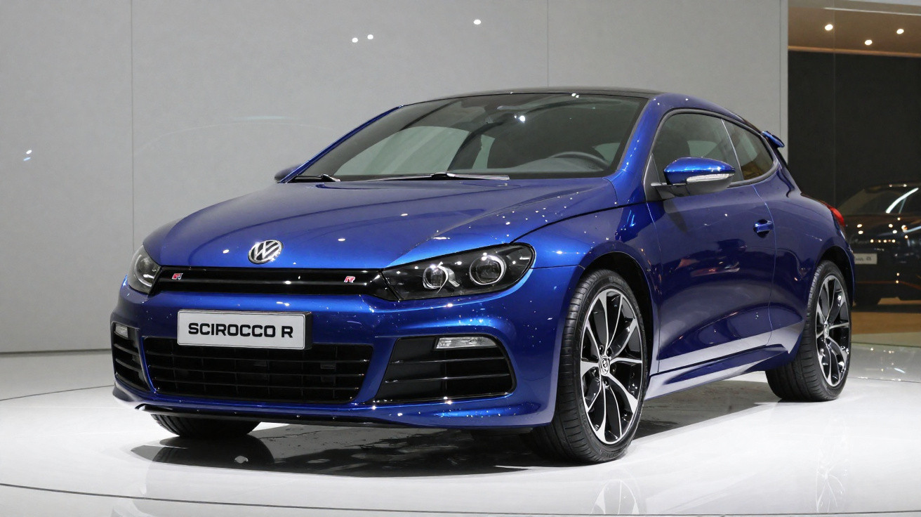 Carro esportivo Volkswagen Scirocco R azul exposto em um ambiente interno com piso branco.