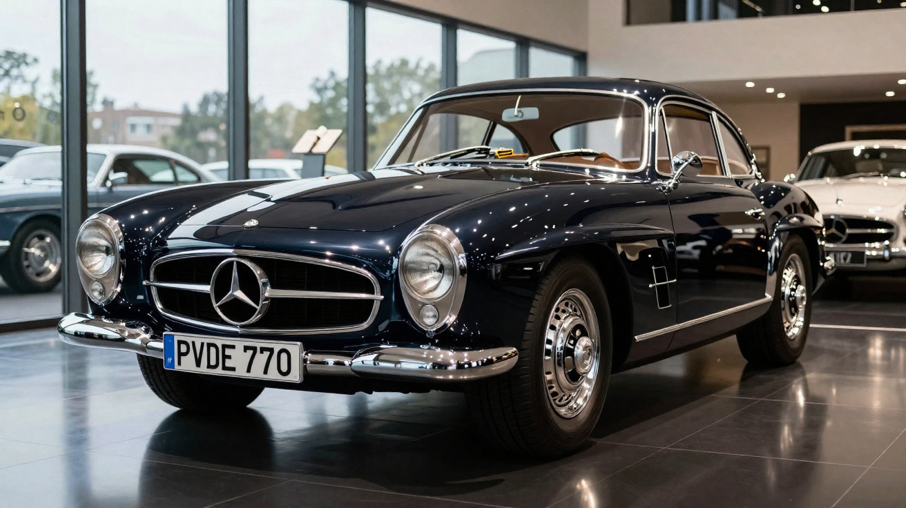 Carro clássico Mercedes-Benz preto exposto em salão com piso de cerâmica e iluminação interna.