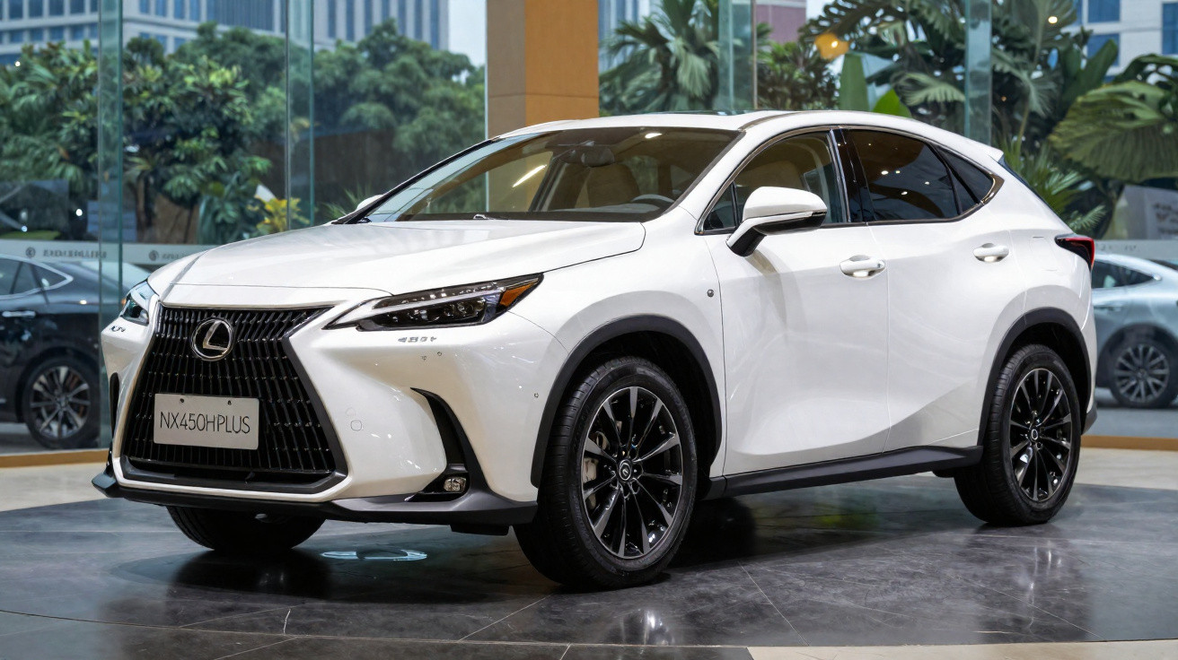 SUV branco Lexus NX450h Plus exposto em showroom com detalhes pretos e rodas esportivas.