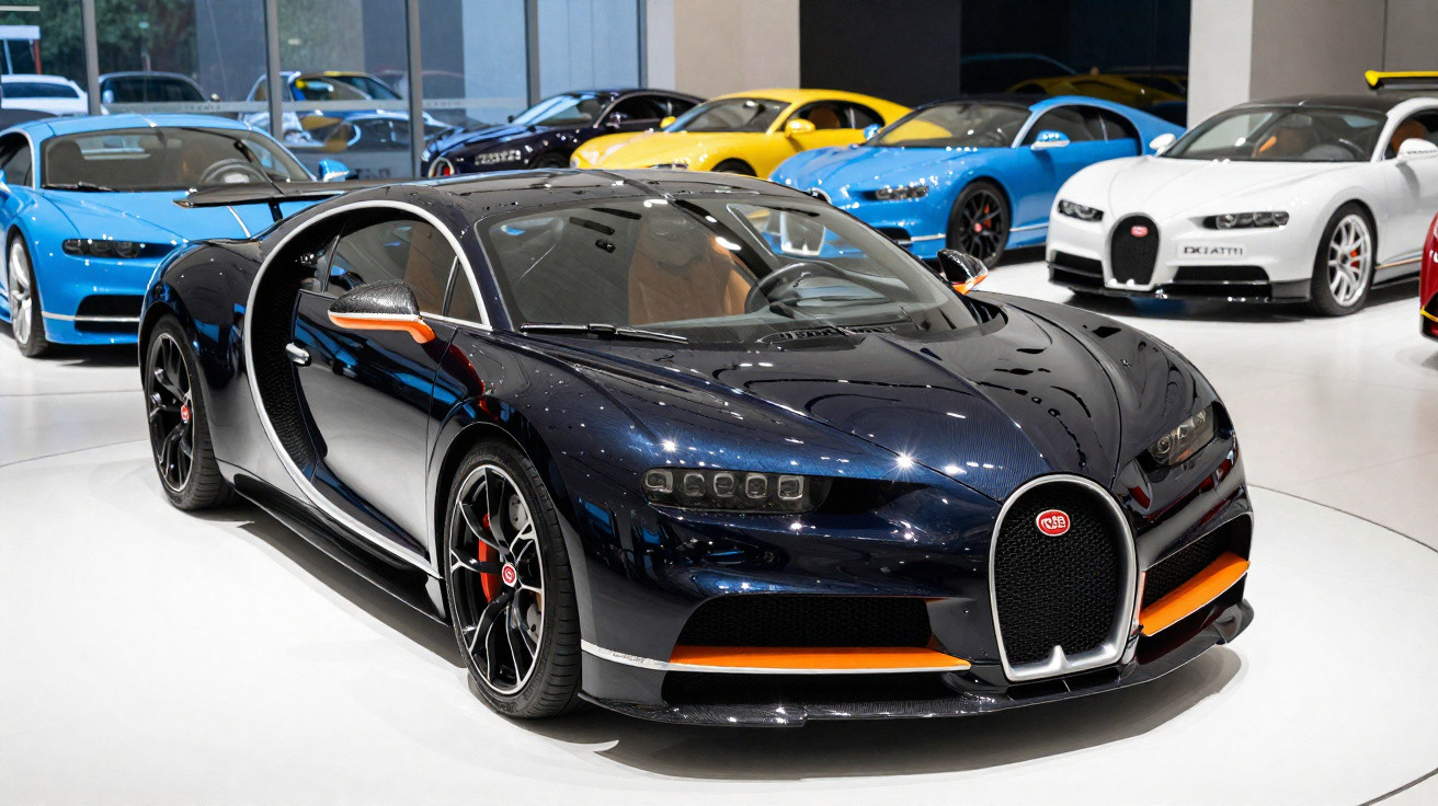 Bugatti Chiron azul escuro com detalhes laranja em exposição ao lado de outros carros esportivos coloridos.