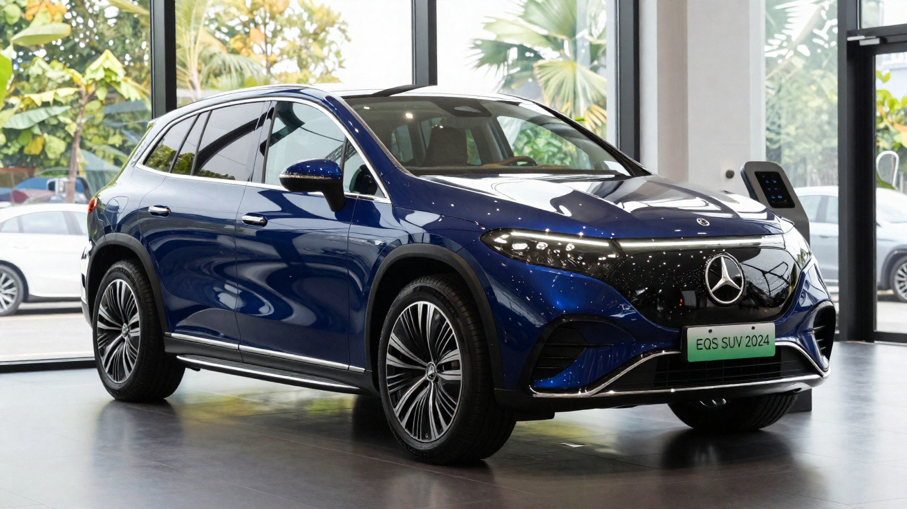 Mercedes-Benz EQS SUV 2024 azul em exposição interna com janelas grandes ao fundo.