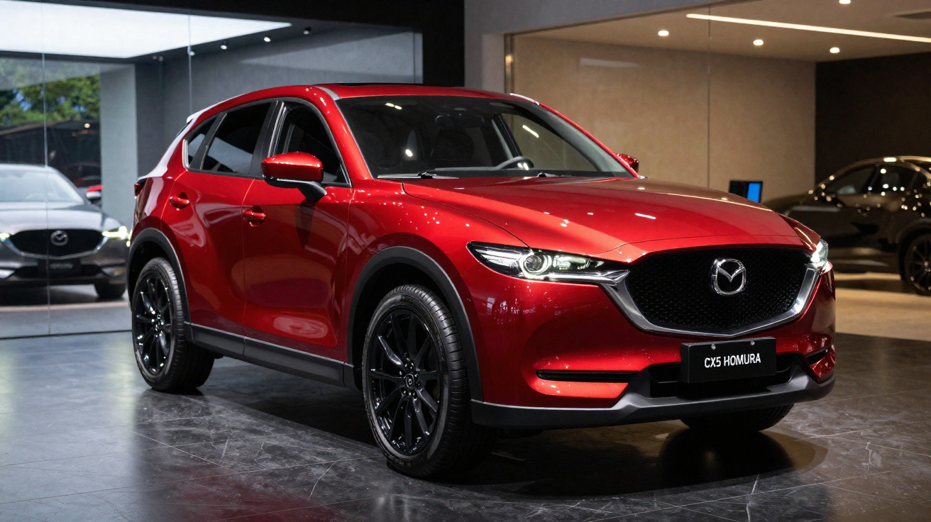 SUV Mazda CX-5 Homura vermelho brilhante exposto em showroom moderno com iluminação focada.
