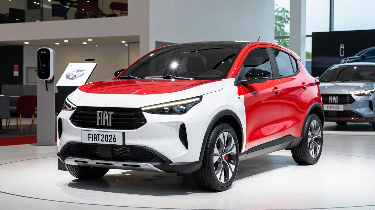Carro elétrico Fiat 2026 branco com capô e teto vermelhos exposto em salão automotivo moderno.