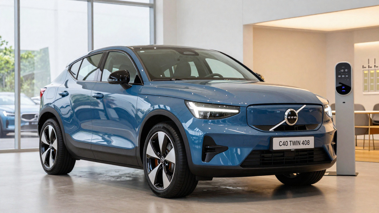 Carro elétrico Volvo C40 azul estacionado ao lado de carregador em ambiente interno moderno.