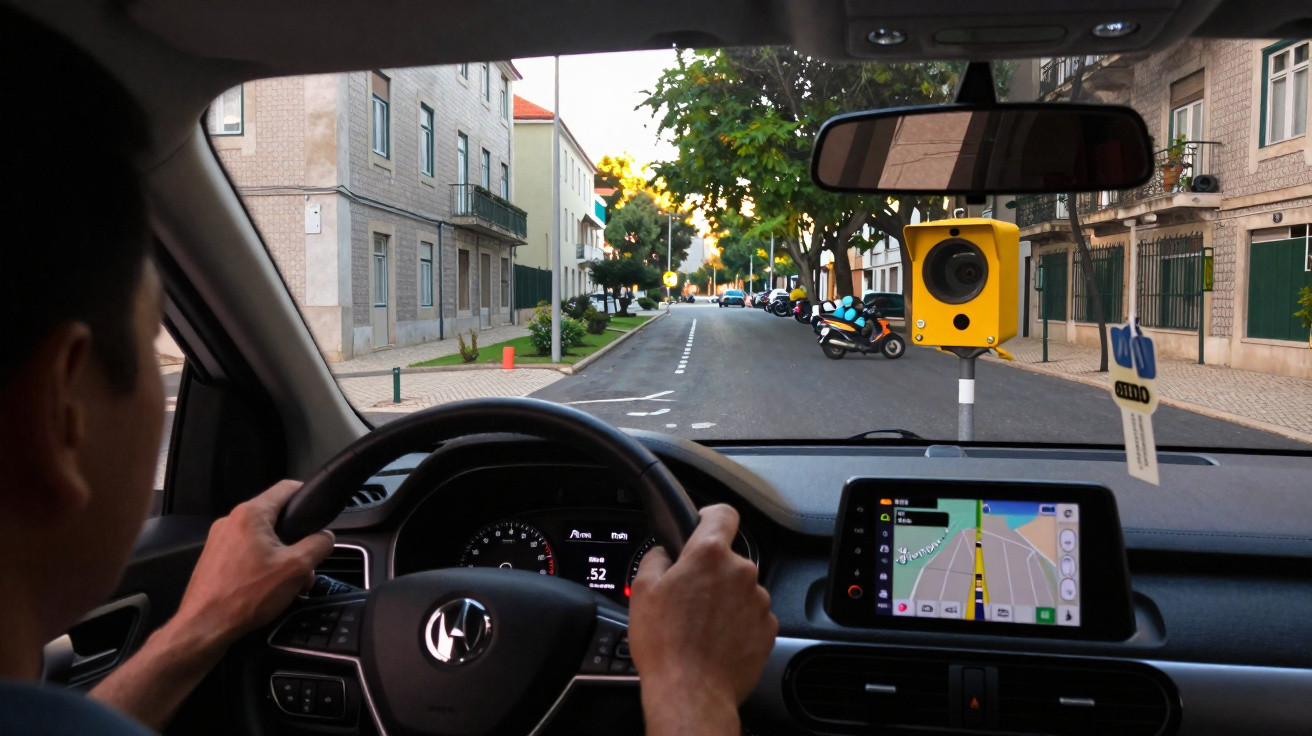 Motorista dirigindo em rua urbana com radar amarelo visível à frente do veículo e GPS na tela do painel.