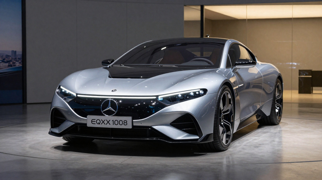 Carro esportivo elétrico prata Mercedes-Benz EQXX 1008 exibido em showroom moderno.