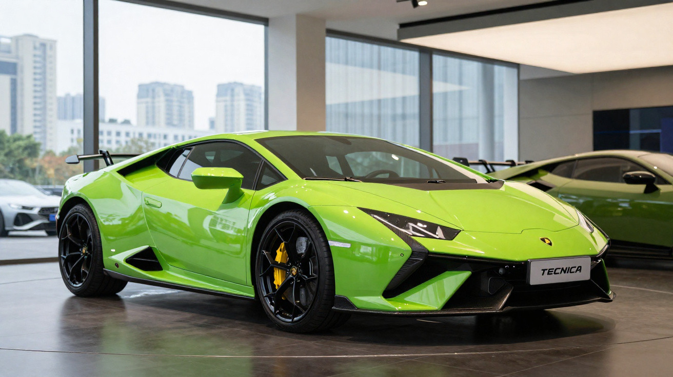 Carro esportivo verde Lamborghini Tecnica estacionado em showroom com janelas amplas e outros carros ao fundo.