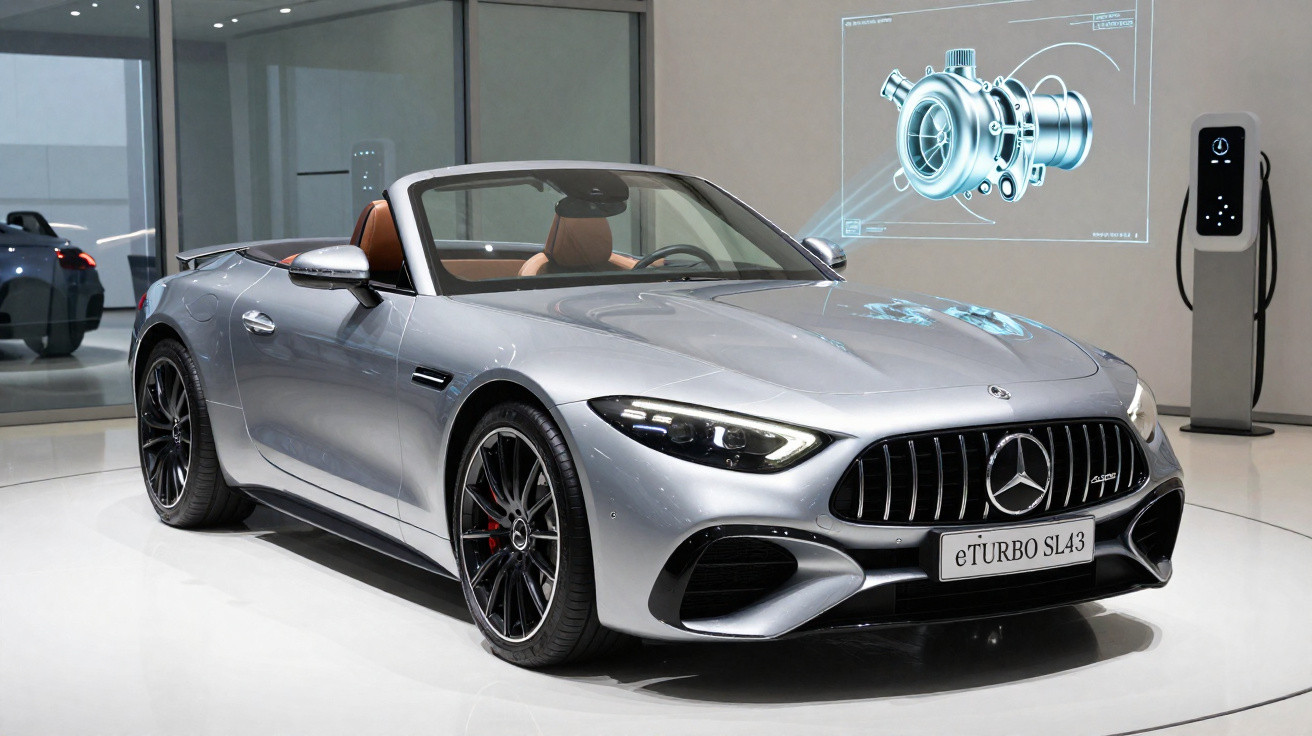 Carro esportivo conversível prata Mercedes-Benz eTURBO SL43 em exposição com projeção técnica ao fundo.