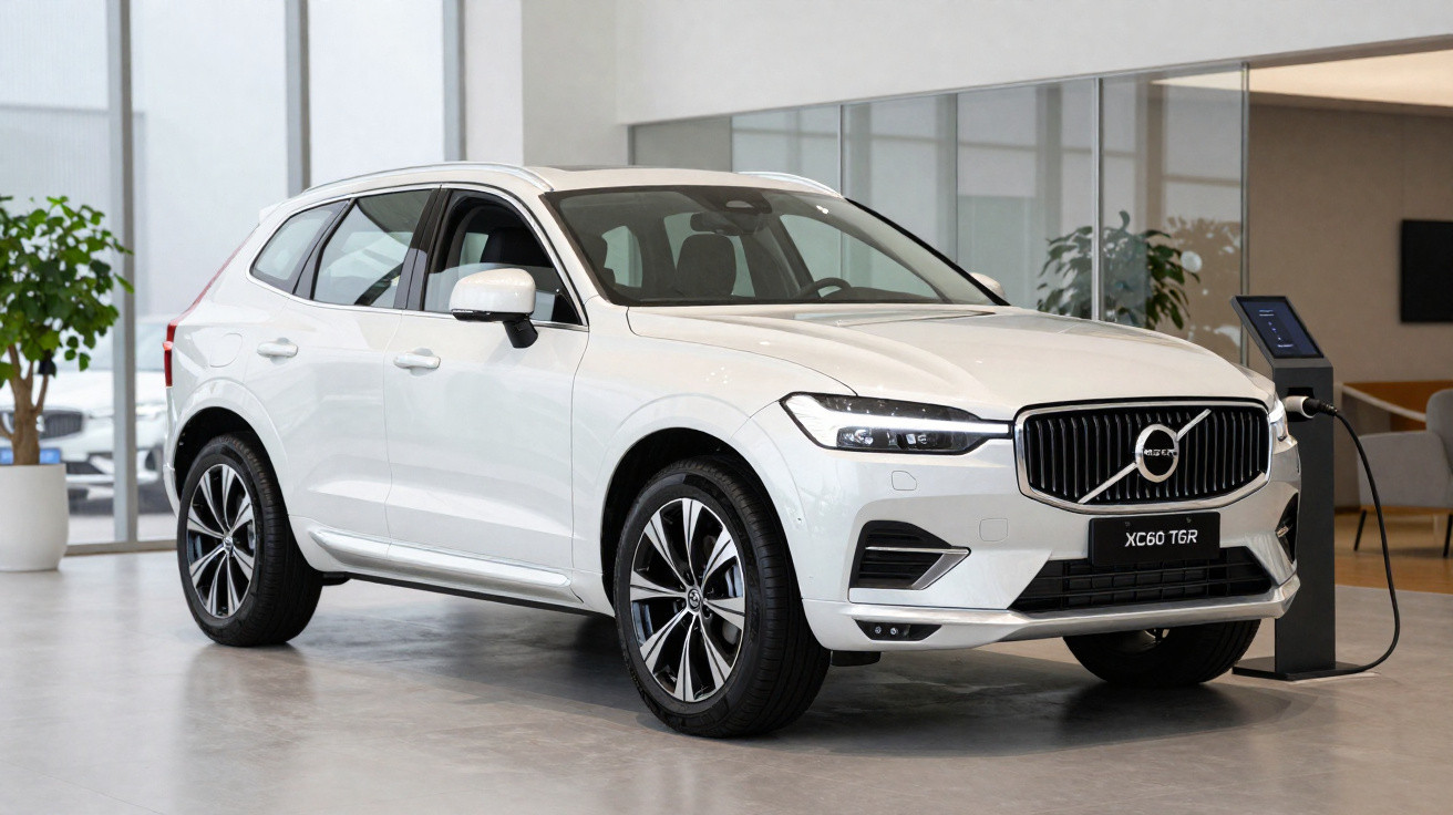Carro elétrico SUV branco Volvo XC60 T6R estacionado em showroom, conectado a carregador elétrico.