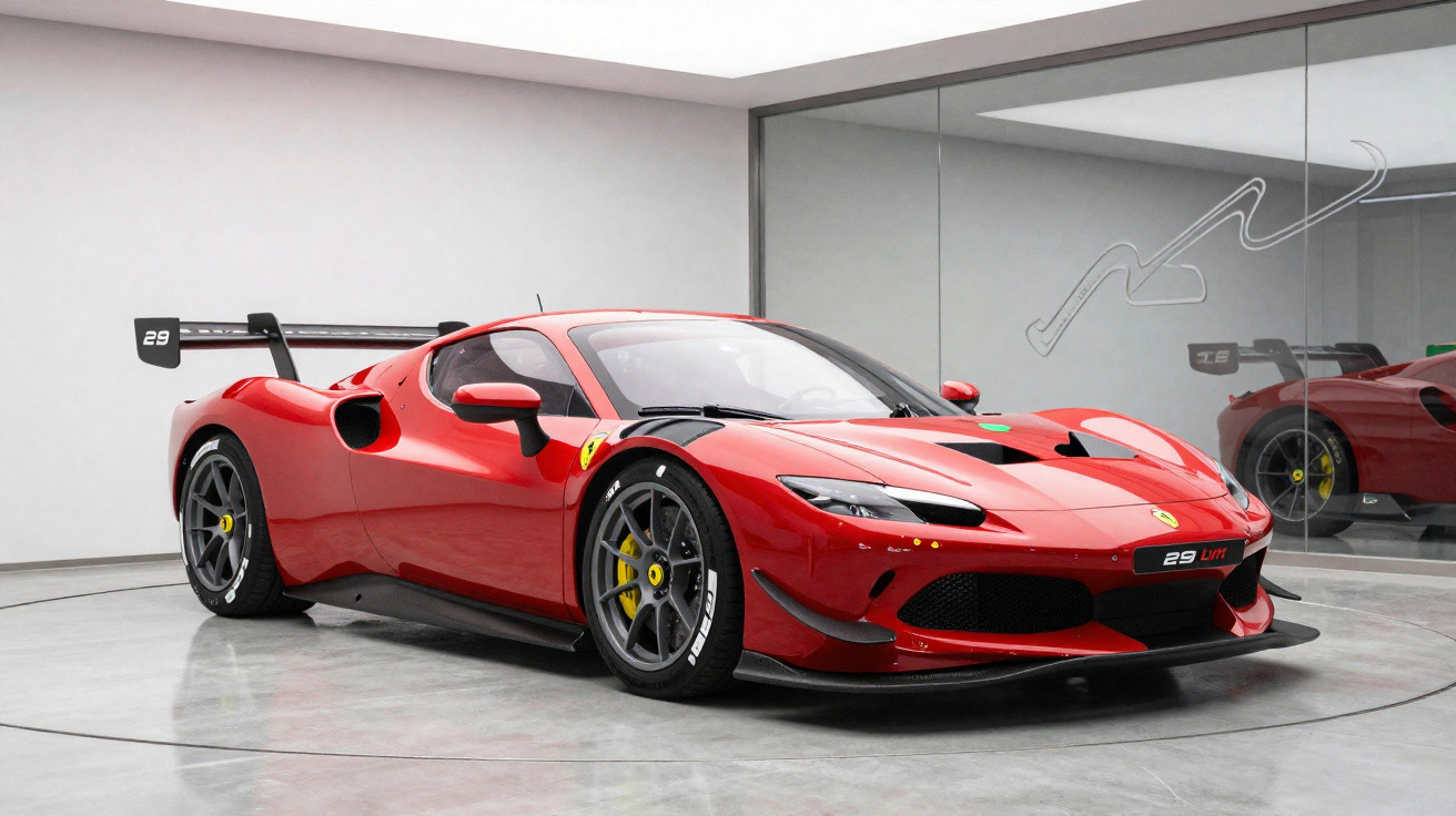 Carro esportivo Ferrari vermelho com aerofólio, exibido em ambiente interno branco com parede de espelho.