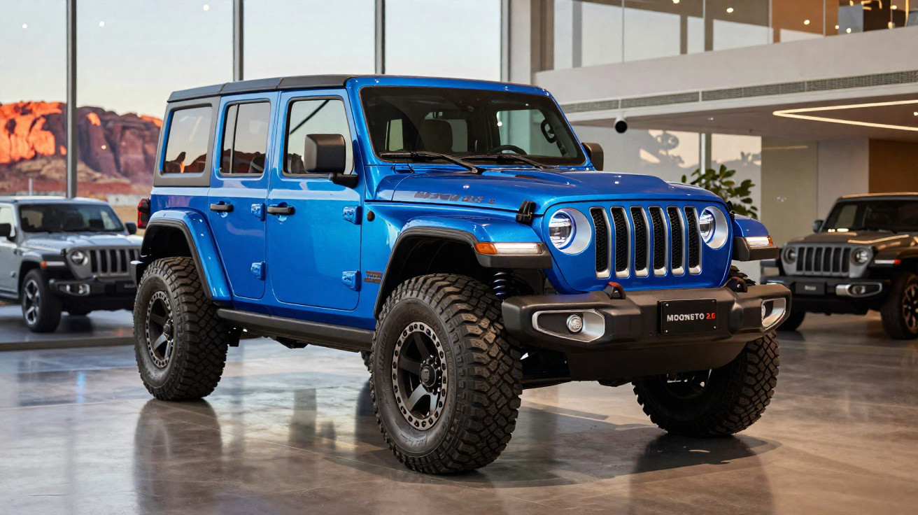 Jeep azul 4x4 com pneus off-road em showroom moderno com veículos ao fundo.