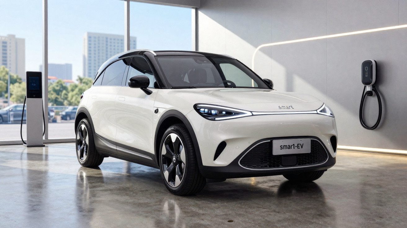 Carro elétrico branco Smart EV estacionado em garagem moderna com pontos de recarga visíveis na parede.