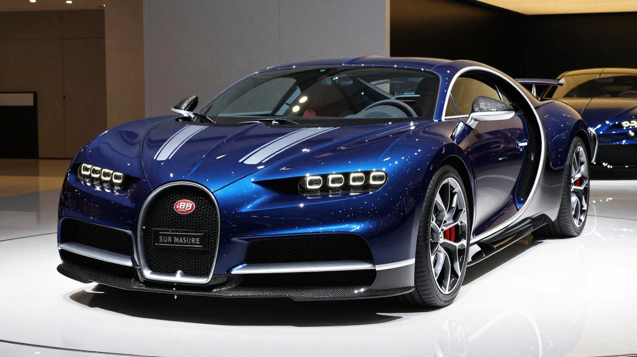 Carro esportivo azul metálico Bugatti Chiron exposto em salão automotivo com iluminação moderna.