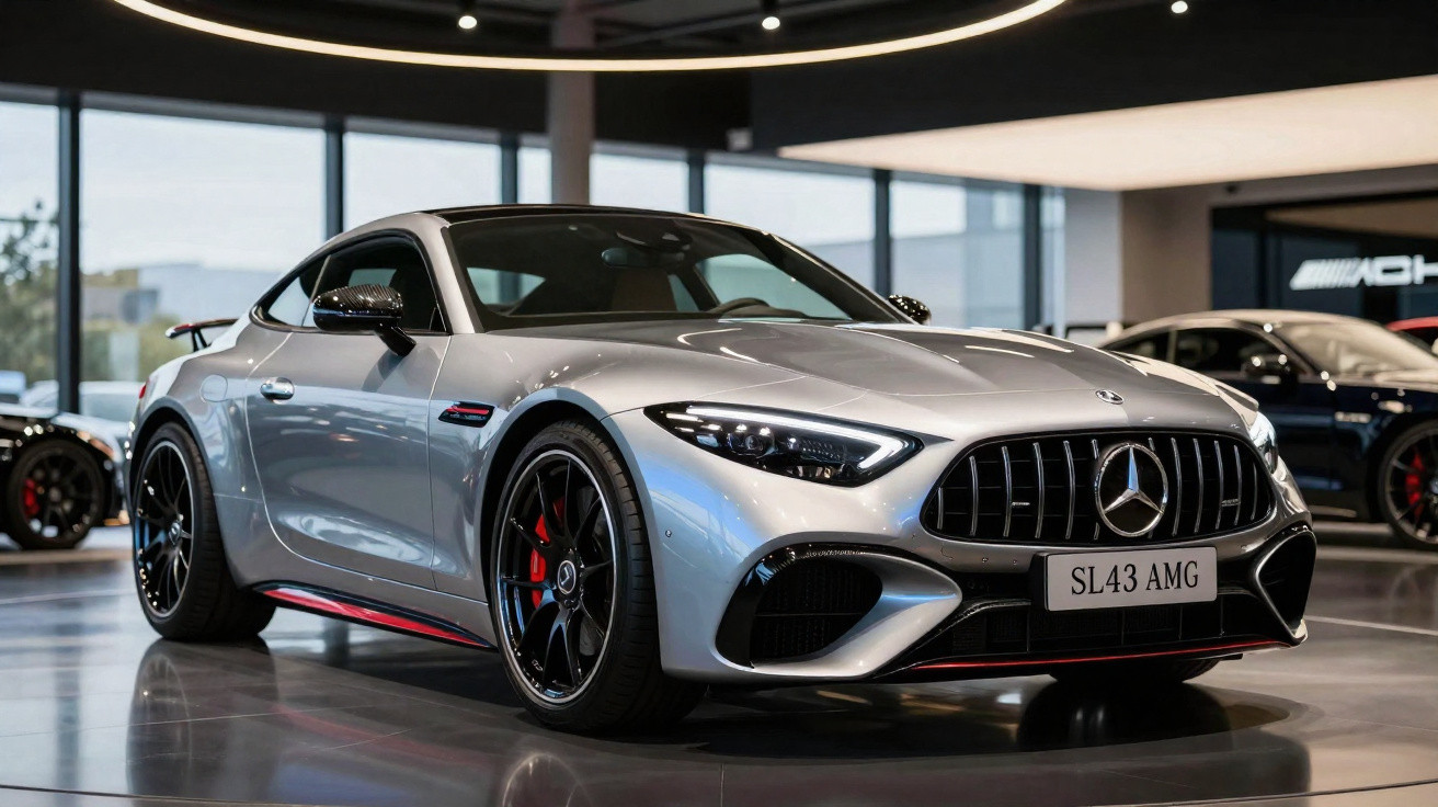 Mercedes-Benz SL43 AMG prata estacionado em showroom moderno com teto circular iluminado.