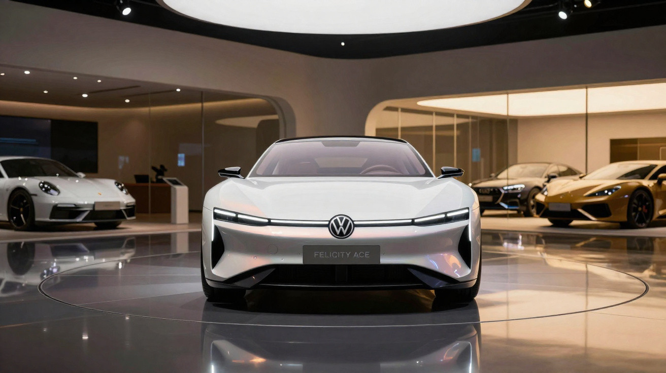 Carro elétrico branco Volkswagen Felicity Ace exibido em um showroom moderno e bem iluminado.