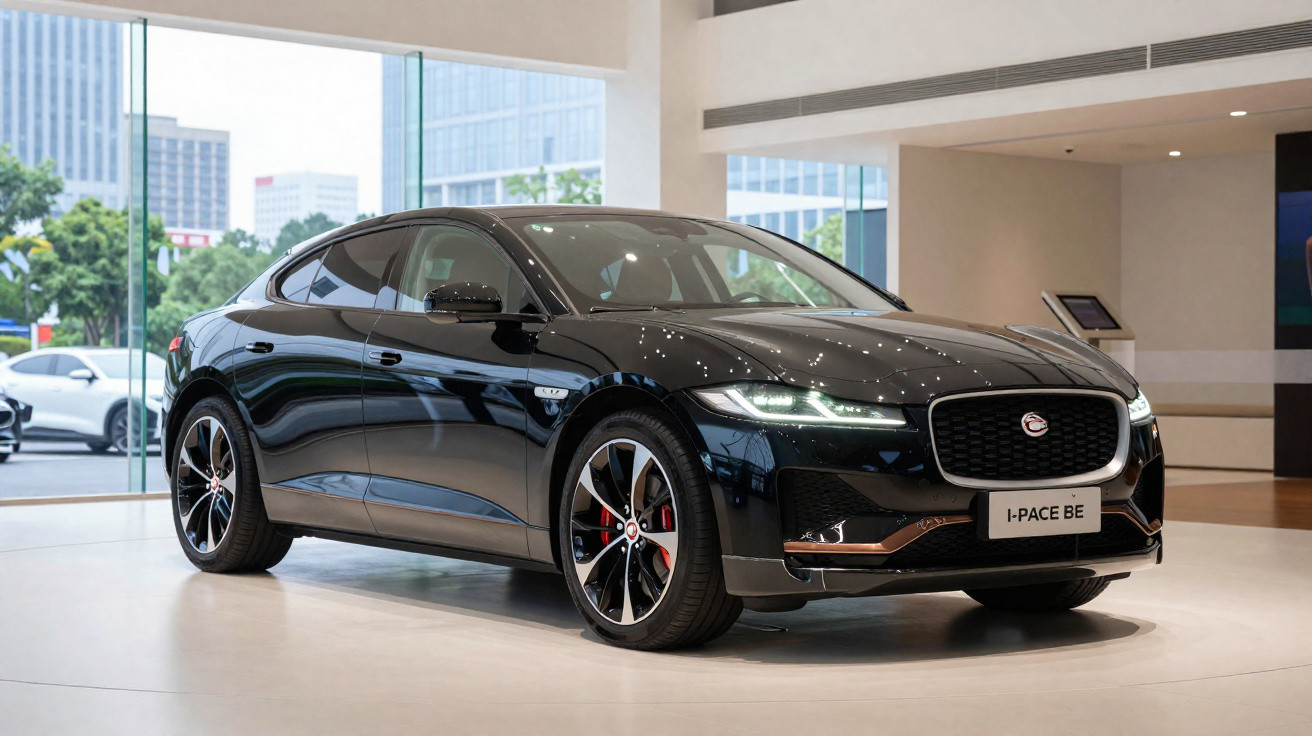 Carro elétrico preto Jaguar I-PACE BE exibido em showroom moderno com janelas grandes.