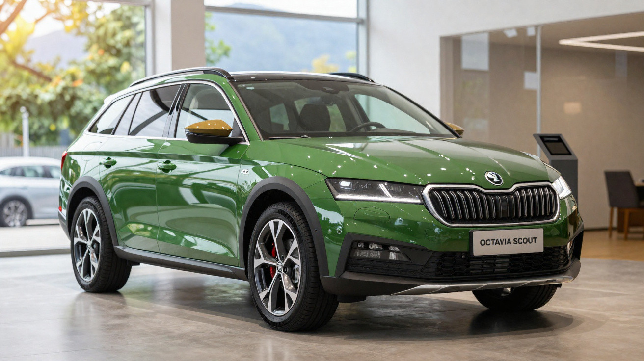 Carro verde Skoda Octavia Scout em exposição interna, vista frontal e lateral direita.
