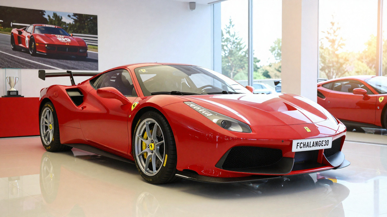 Carro esportivo vermelho Ferrari estacionado em showroom moderno com painel de vidro.