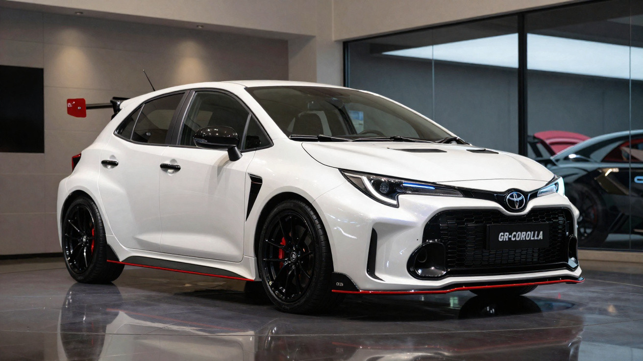Carro esportivo branco Toyota GR Corolla estacionado em showroom com rodas pretas e detalhes vermelhos.