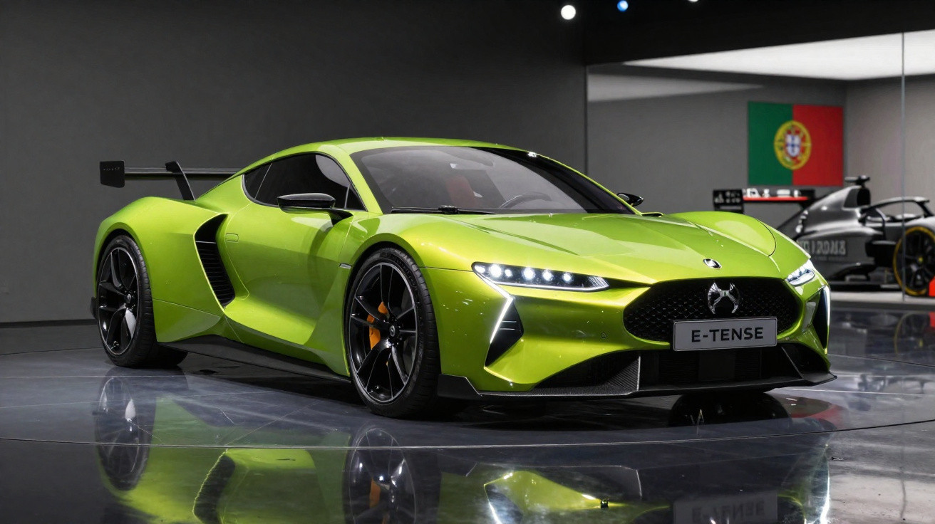 Carro esportivo elétrico verde neon DS E-Tense em exposição, ambiente moderno com bandeira de Portugal ao fundo.