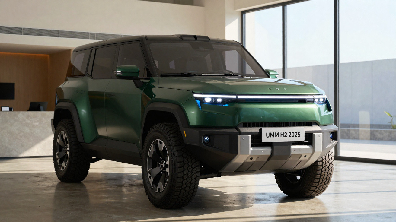 Carro SUV verde escuro futurista estacionado em ambiente moderno com janelas amplas e luz natural.