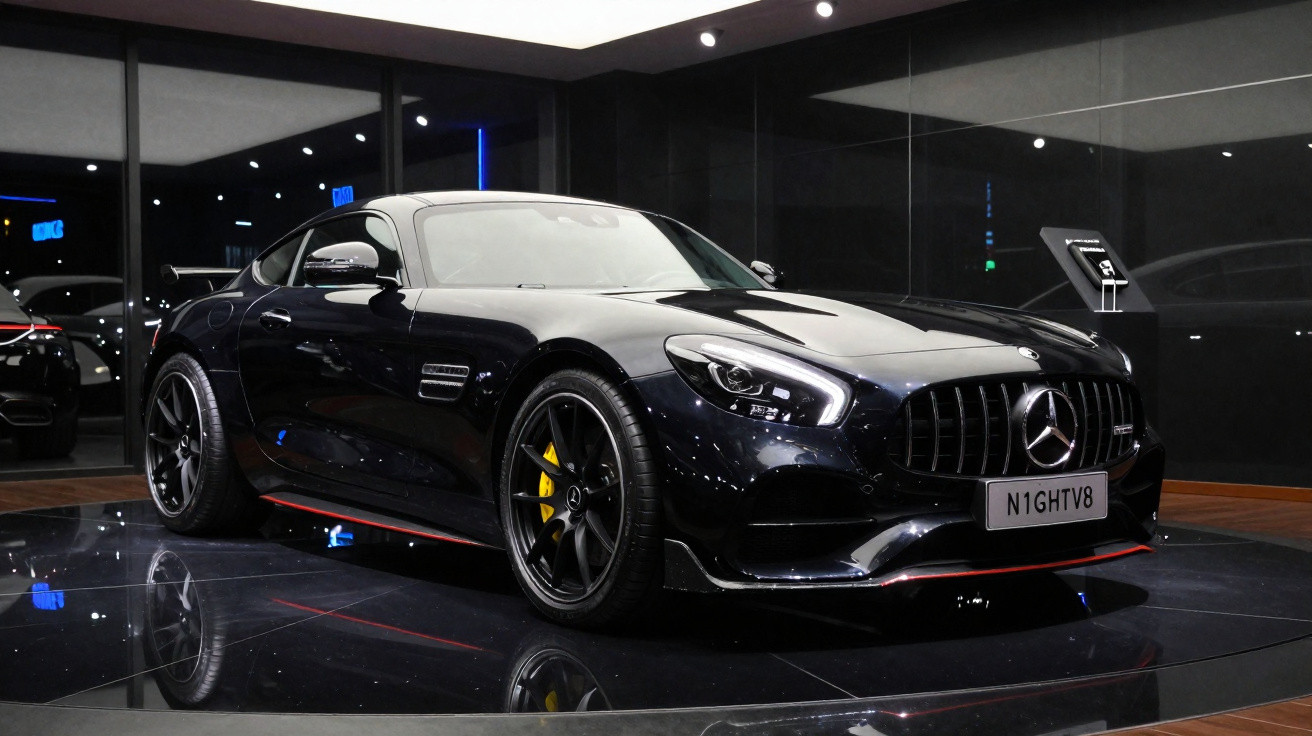 Carro esportivo Mercedes-Benz preto exibido em showroom com piso preto e luzes refletidas.