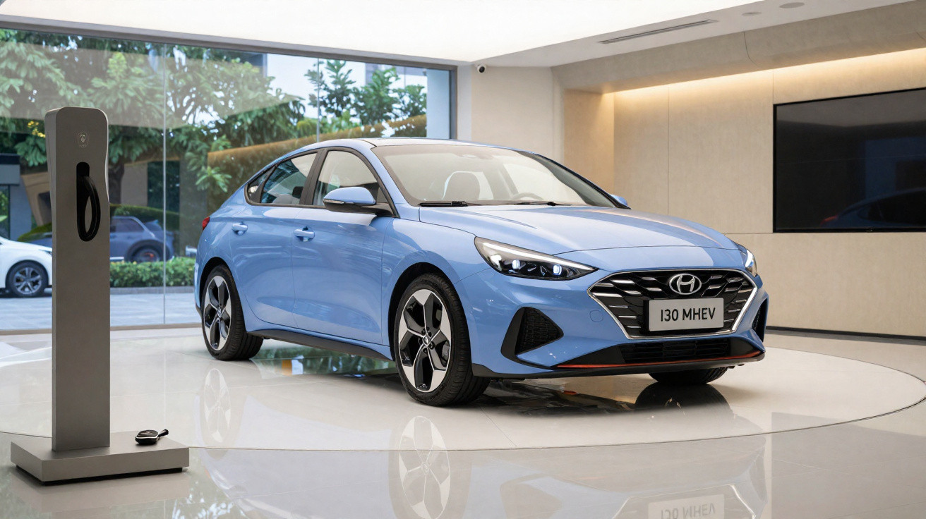 Carro azul Hyundai i30 MHEV em exibição em ambiente interno moderno ao lado de estação de carregamento.