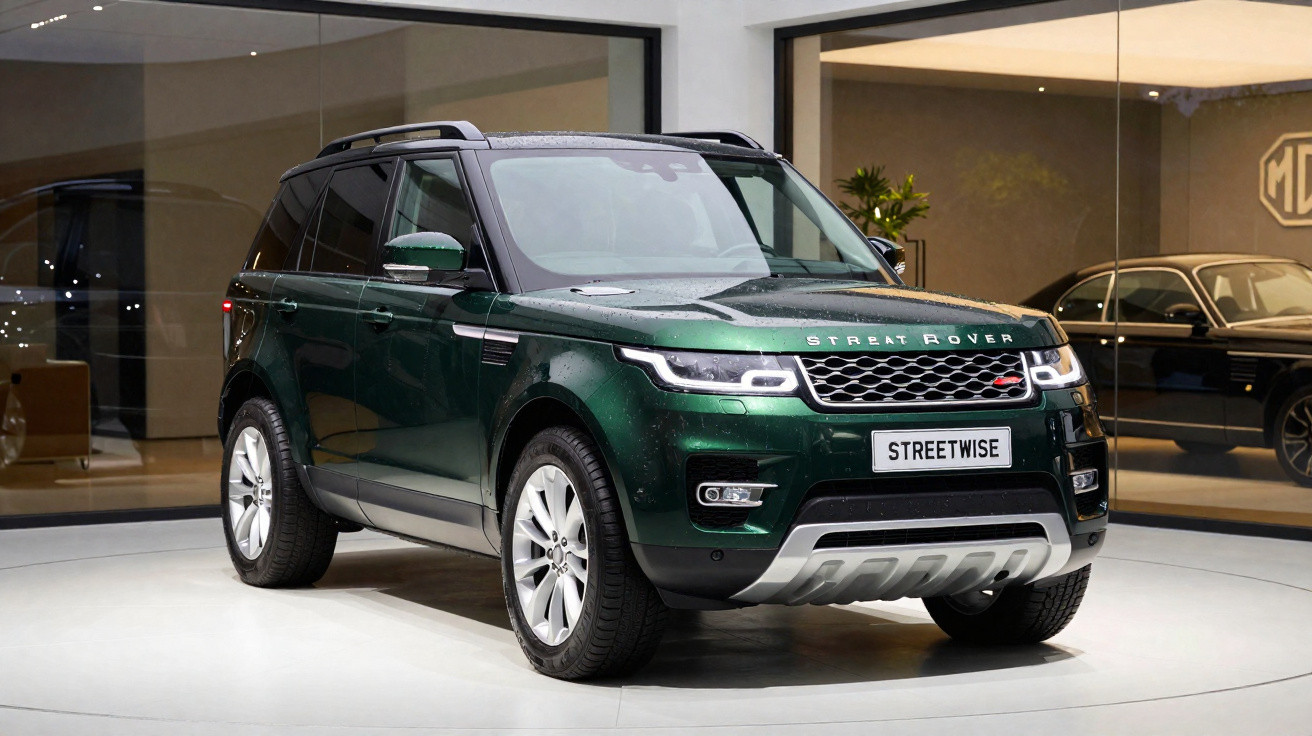 SUV verde escuro estacionado em área interna com painéis de vidro e carro clássico ao fundo.