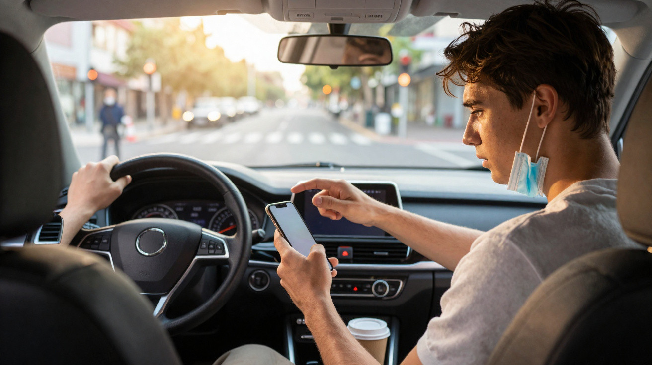 Jovem no banco do passageiro usando celular dentro de carro, com máscara no rosto abaixada.