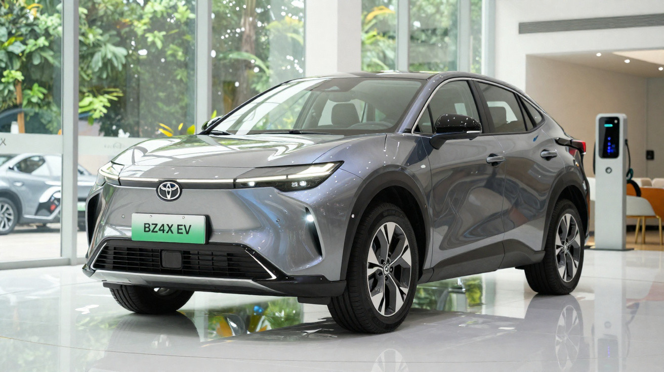 Toyota BZ4X EV prata estacionado em showroom com parede de vidro ao fundo e carregador elétrico ao lado.