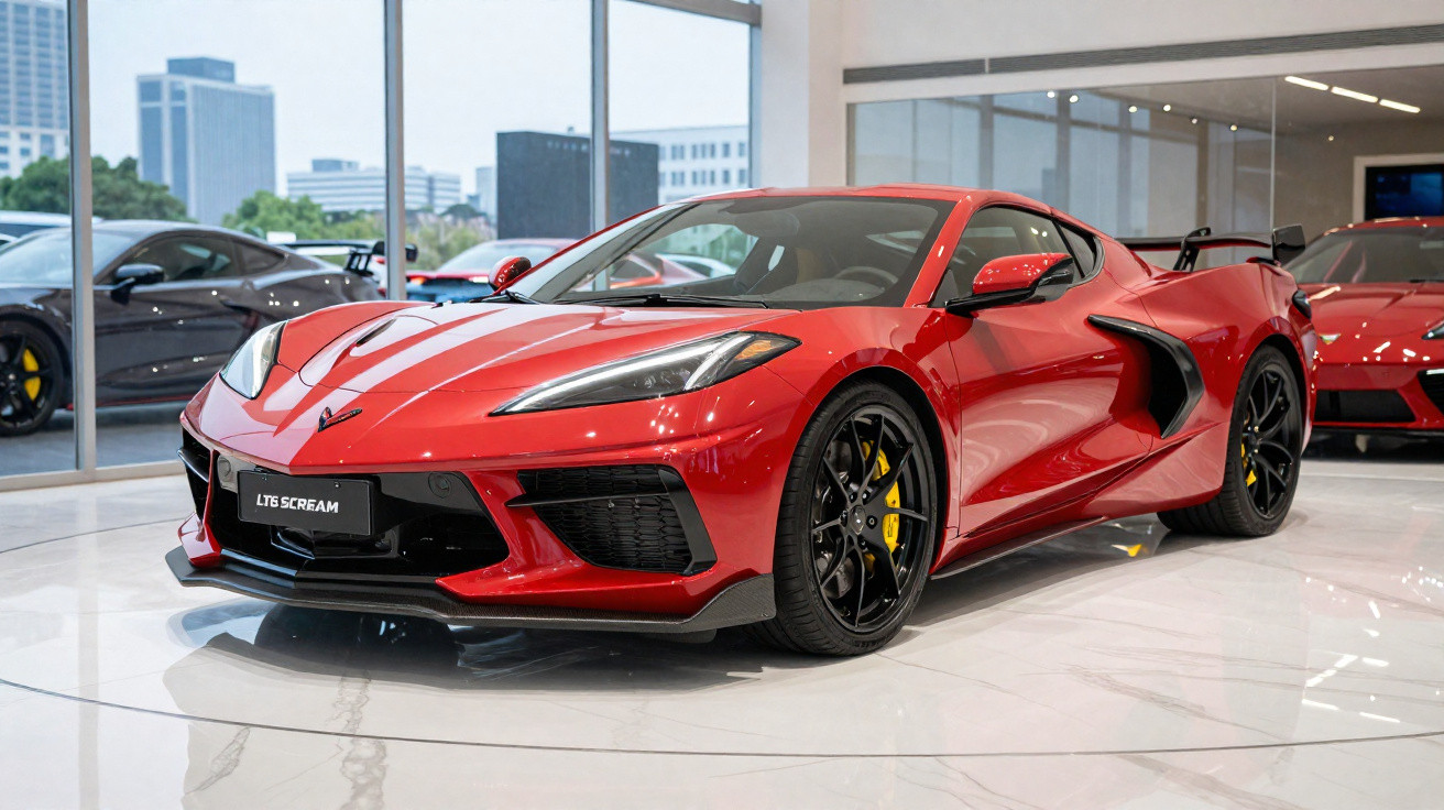 Carro esportivo vermelho estacionado em showroom com piso branco brilhante e janelas grandes ao fundo.