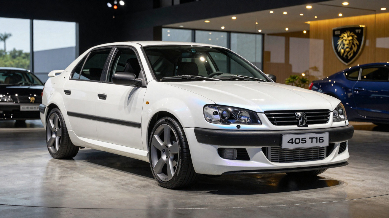 Carro branco Peugeot 405 T16 em exposição interna com detalhes pretos e rodas esportivas cinza.