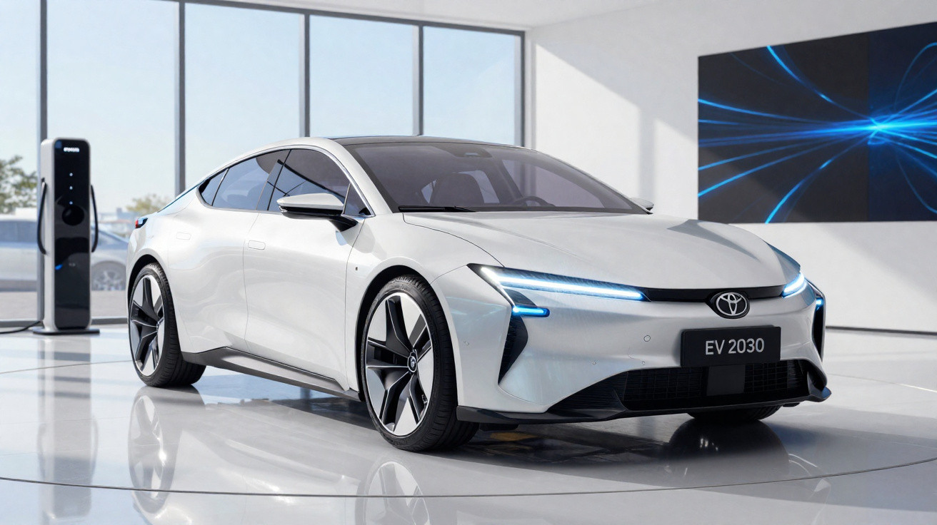 Carro elétrico branco Toyota EV 2030 estacionado em showroom com estação de carregamento ao fundo.