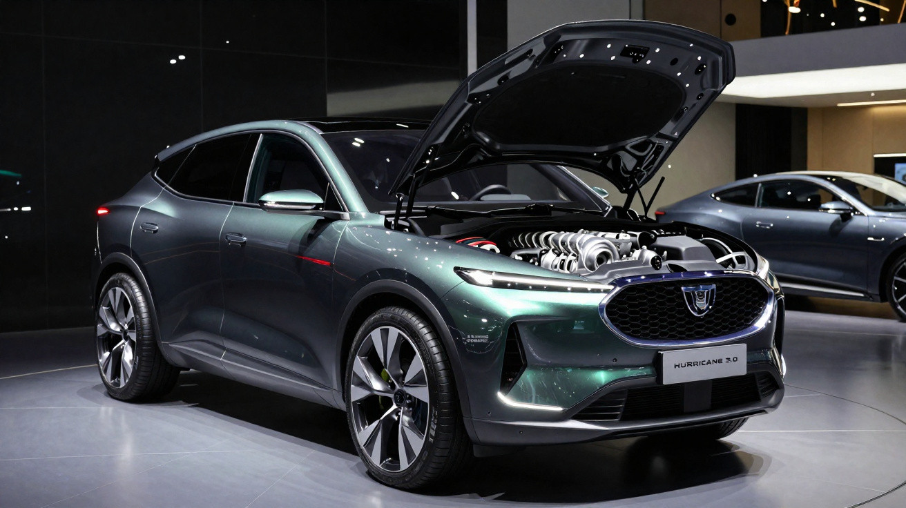 Carro SUV verde com capô aberto mostrando o motor exposto em salão de automóveis moderno.