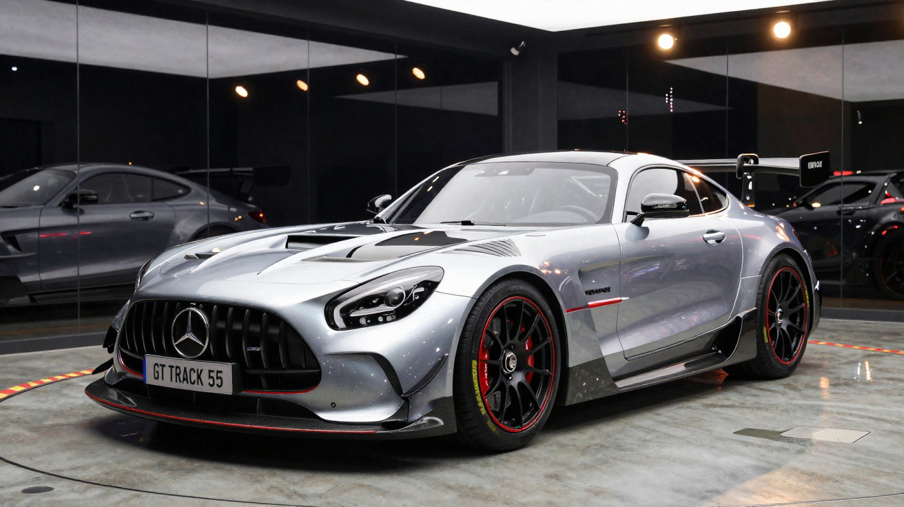 Carro esportivo prata Mercedes-Benz GT Track 55 estacionado em garagem com paredes espelhadas.