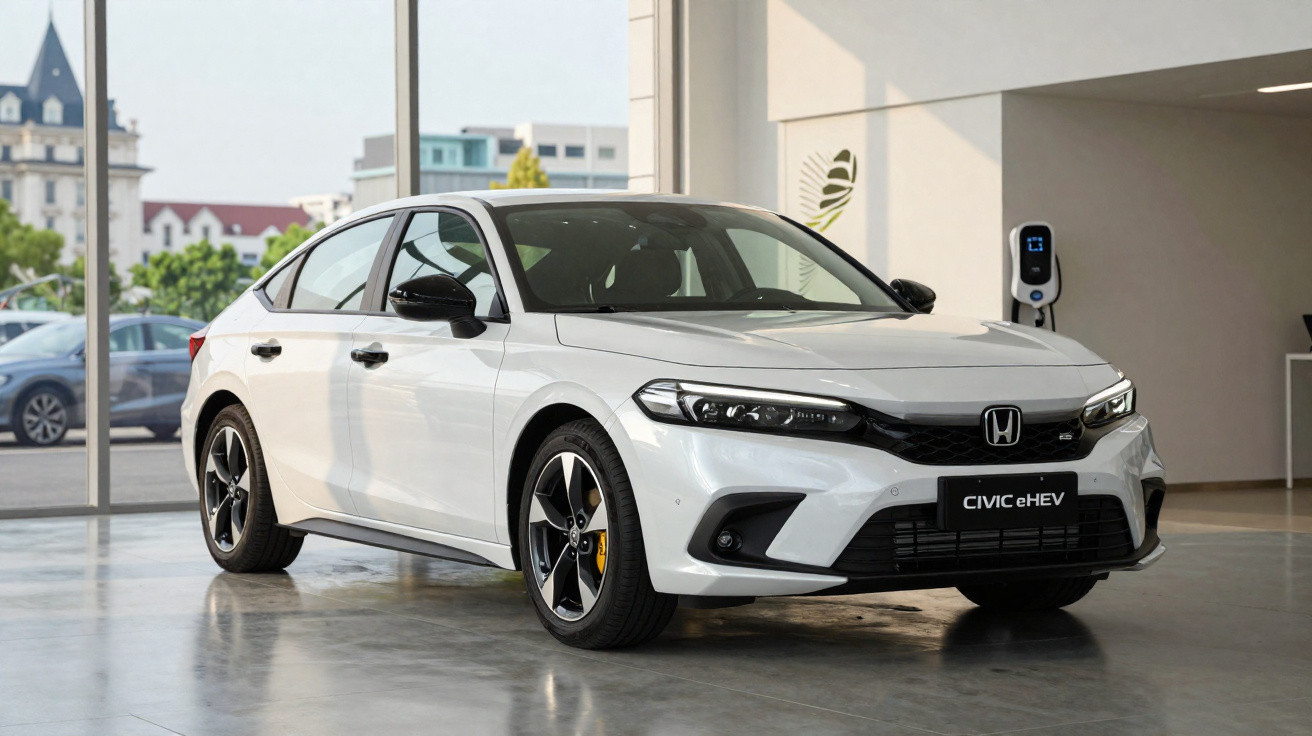 Carro branco Honda Civic eHEV estacionado em showroom com parede branca e carregador elétrico ao fundo.