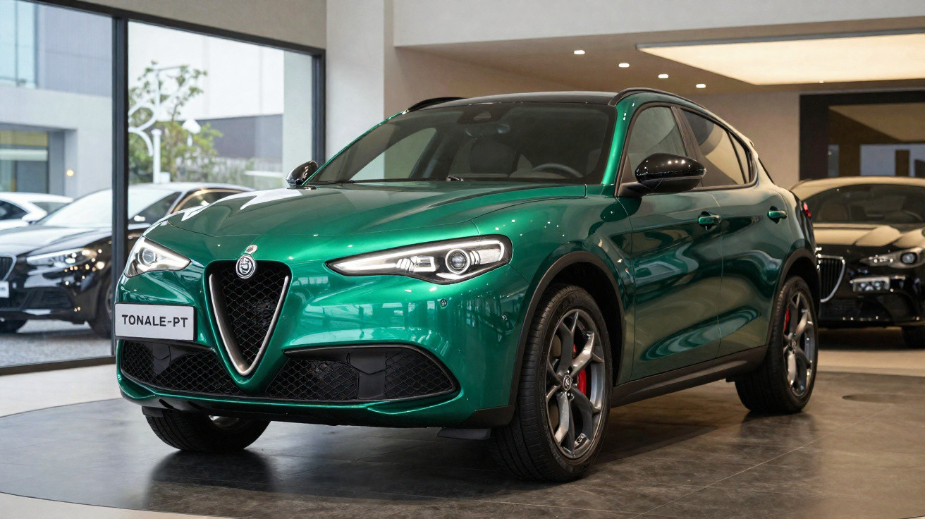 Carro SUV verde Alfa Romeo Tonale exposto em salão de automóveis moderno e iluminado.