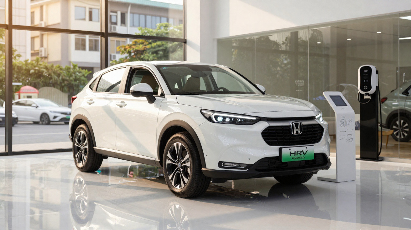 Carro branco Honda HR-V híbrido exibido em showroom moderno com estação de recarga elétrica ao lado.