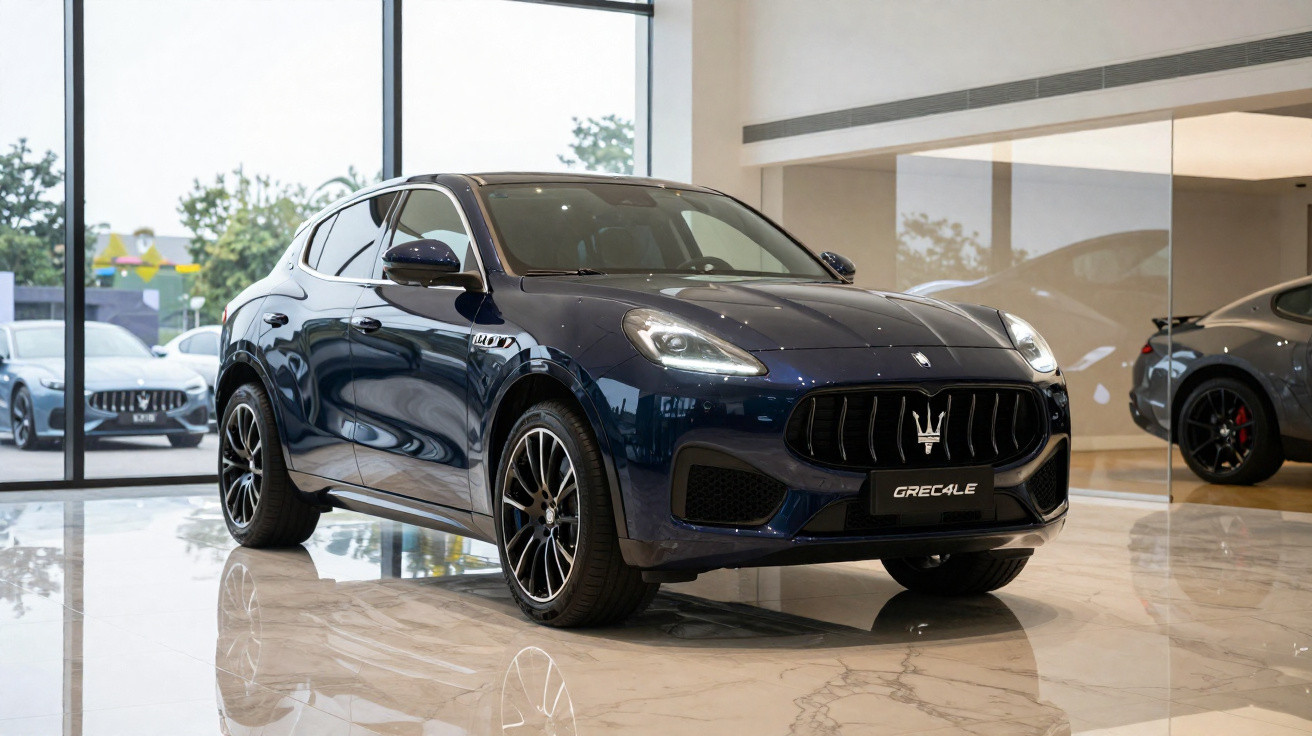 Carro Maserati Grecale azul escuro em showroom com piso de mármore e vidros amplos ao fundo.